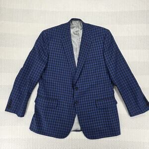 Holland & Sherry Men 46 Blue 2 Button Plaid Wool Sport Coat Blazer Tailored Fit